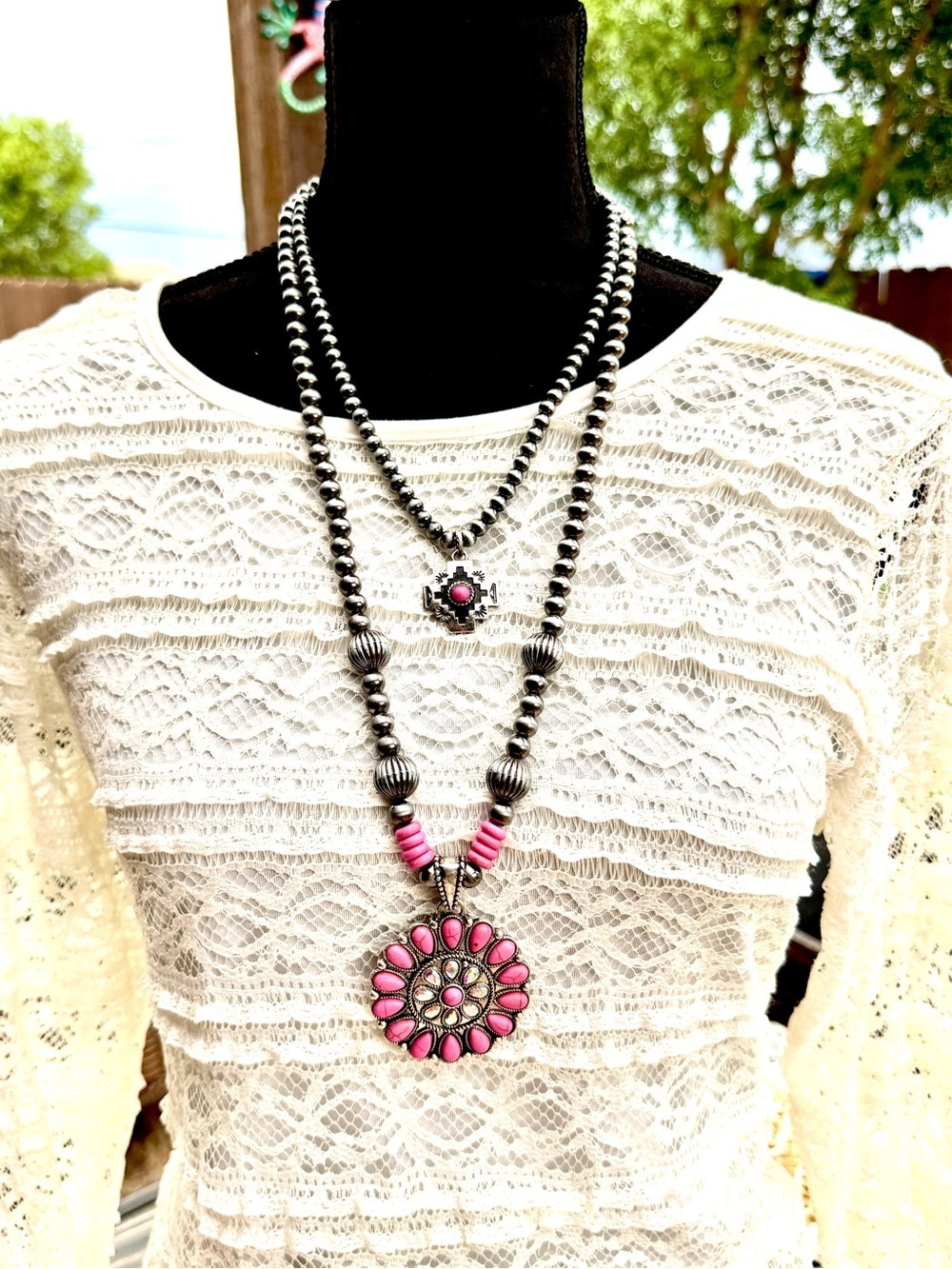Western Pink Turquoise & Zia Layered Statement Necklace NWT
